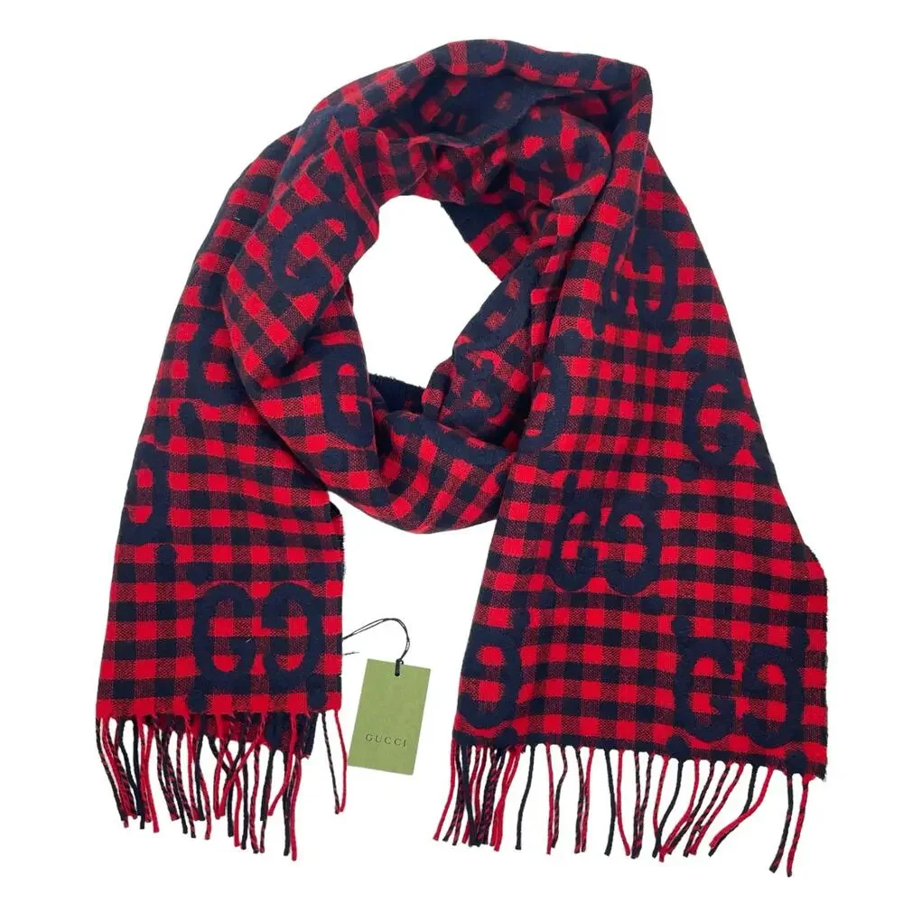 Gucci Diamcheck GG Logo Monogram Wool Jacquard Scarf Red Black 94